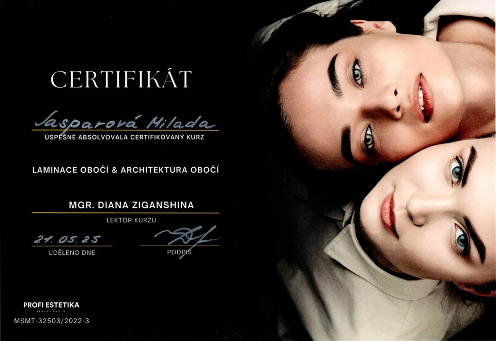 Certifikát laminace obočí a architektura obočí