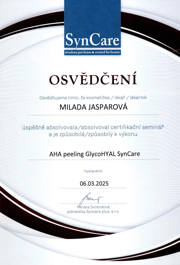 Osvědčení AHA peeling GlycoHYAL SynCare