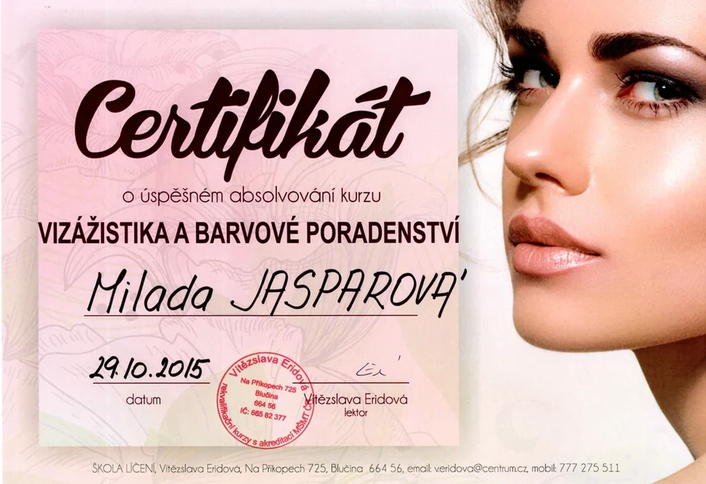 Certifikát Vizážistka a barvové poradenství