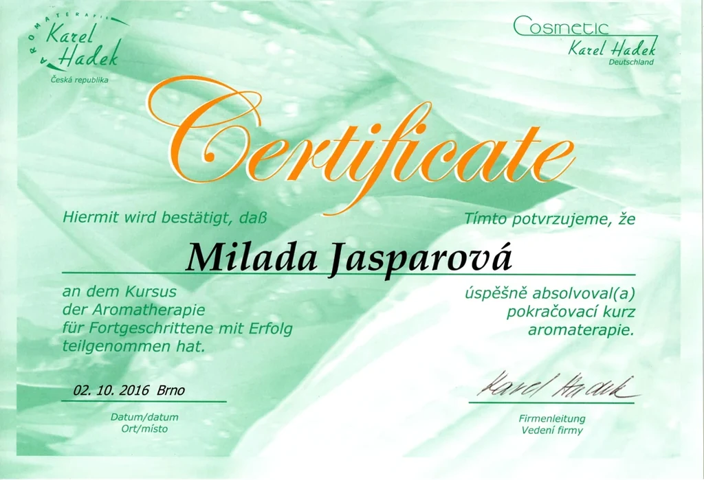 Certifikát pokračovací kurz aromaterapie