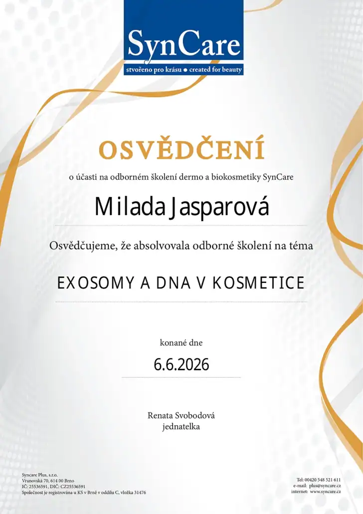 Certifikát Syncare Exosomy a DNA v kosmetice